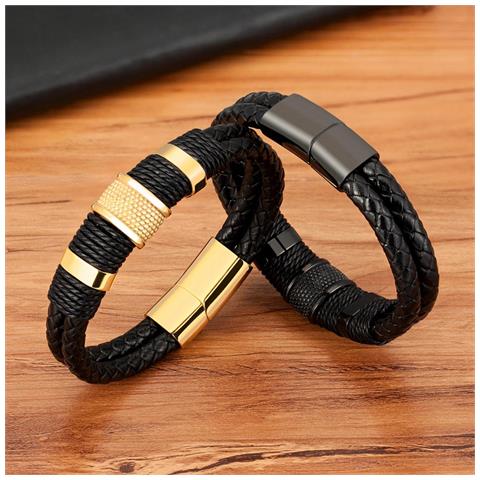 Confezione Da 1 Bracciale In Corda Di Cuoio In Acciaio Inossidabile Intrecciato Punk 22 Cm - Foto 2