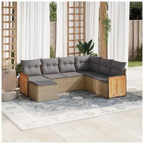 Set Divani Da Giardino 7 Pz Con Cuscini Beige In Polyrattan - Foto 1