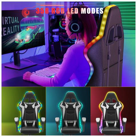 Sedia Gaming Con Led -  Schienale Reclinabile - Sedie Da Gamer Bianco E Nero - Foto 2