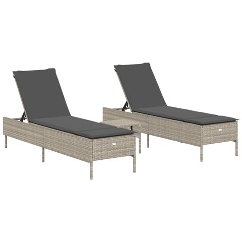 Set Lettini Prendisole Con Cuscini 3pz Grigio Chiaro Polyrattan - Foto 2
