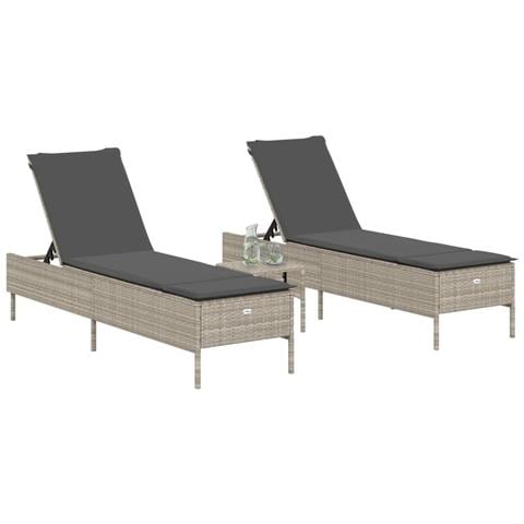 Set Lettini Prendisole Con Cuscini 3pz Grigio Chiaro Polyrattan - Foto 3