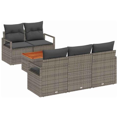 Set di divani da giardino a 6 pezzi con cuscini grigi in rattan sintetico e acacia, Divano da giardino a 2 posti con spazio di stoccaggio e cuscini grigi in rattan sintetico - Foto 1
