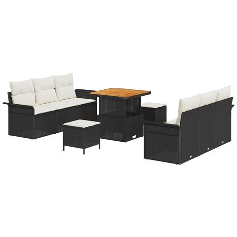 Set di divani giardino  9 pezzi con cuscini in rattan sintetico nero e acacia, Divano giardino 2 posti  con cuscini in rattan sintetico nero, Set pranzo giardino 3 pezzi con cuscini in rattan sintetico nero e acacia - Foto 1