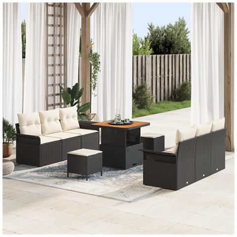 Set di divani giardino  9 pezzi con cuscini in rattan sintetico nero e acacia, Divano giardino 2 posti  con cuscini in rattan sintetico nero, Set pranzo giardino 3 pezzi con cuscini in rattan sintetico nero e acacia - Foto 2