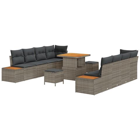 Set Divano da Giardino da 11 Pezzi con Cuscini Grigio Polyrattan Acacia,  Set da Pranzo da Giardino da 3 Pezzi con Cuscini Grigio Polyrattan Acacia - Foto 1