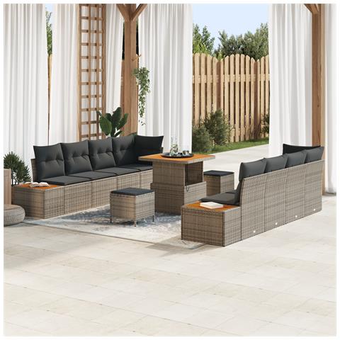 Set Divano da Giardino da 11 Pezzi con Cuscini Grigio Polyrattan Acacia,  Set da Pranzo da Giardino da 3 Pezzi con Cuscini Grigio Polyrattan Acacia - Foto 2