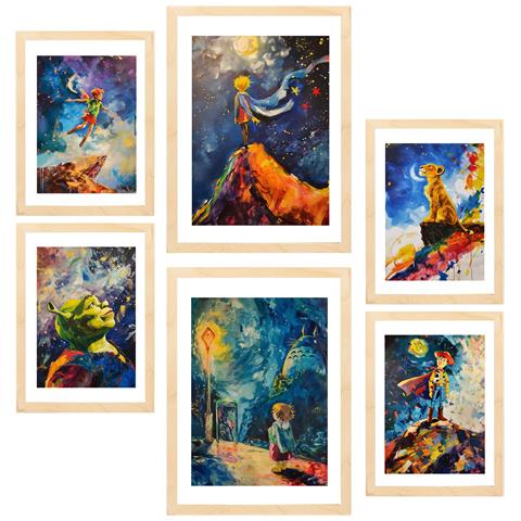 Set Di 6 Stampe Figure Di Bambini Incorniciate Con Illustrazioni Di Design Per Le Pareti Della Tua Stanza Di Casa. Negozio Di Pittura. A3 & A4 Telaio In Legno Chiaro - Foto 1