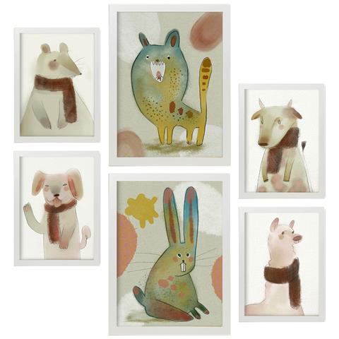 Set Di 6 Stampe Coniglietti E Cuccioli 1 In Animali Astratti Dipinti Decorativi Estetici Per Il Tuo Soggiorno, Camera Da Letto, Casa A3 & A4 Cornice Bianca - Foto 1
