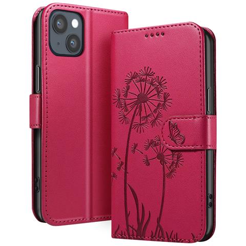 Custodia A Portafoglio Per Iphone 13 / 14 Premium Design Fiori Farfalla, Rosso - Foto 1