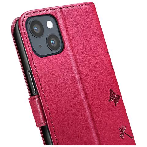 Custodia A Portafoglio Per Iphone 13 / 14 Premium Design Fiori Farfalla, Rosso - Foto 5