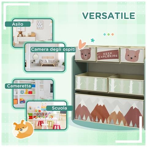 Scaffale Portagiochi Per Bambini Con 6 Contenitori Rimovibili In Tessuto, 63x30x66cm, Verde - Foto 2