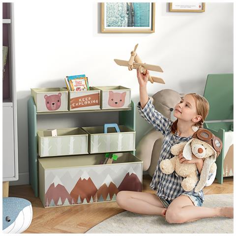 Scaffale Portagiochi Per Bambini Con 6 Contenitori Rimovibili In Tessuto, 63x30x66cm, Verde - Foto 6