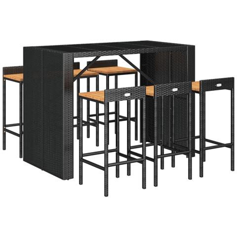 Set Bar Giardino 7 pz Nero Polyrattan e Legno Massello Acacia - Foto 2