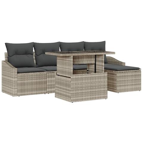 Set di divani da giardino a 6 pezzi con cuscini grigio chiaro in poly rattan - Foto 1