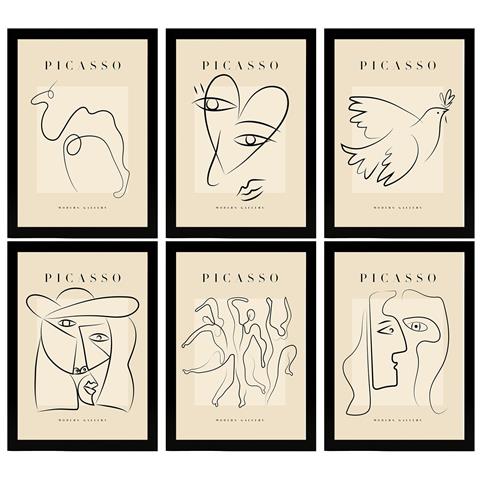 Set Di 6 Stampe Künstlerischen Illustrationen Von Pablo Picasso Frieden Sammlung Von Dekorationsgemälden Im Kunstgalerie Stil A3 Cornice Nera - Foto 1