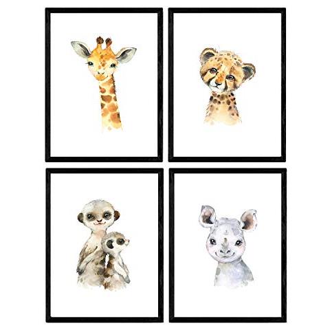 Set Di 4 Stampe Fogli Con Illustrazioni Di Animali. Poster Con Immagini Per Bambini Di Animali. Tiger Rhinoceros Giraffe E Suricata Senza Cornice A4 - Foto 1