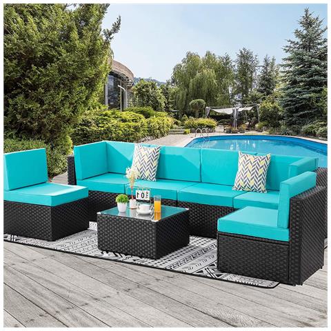 Mobile Da Giardino In Resina Intrecciata Per 6 Persone Marrone/blu Bastia - Foto 4