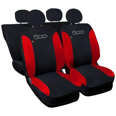 Coprisedili Auto Compatibili Per 500, Made In Italy, Set Di Copri Sedili Anteriori E Posteriori (unico Colore) Con Copri Poggiatesta Incluso, Tessuto Poliestere, Colore - Nero \rosso - Foto 1