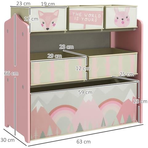 Scaffale Portagiochi Per Bambini Con 6 Contenitori Rimovibili In Tessuto, 63x30x66cm, Rosa - Foto 2