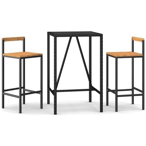 Set Bar Giardino 3 pz Nero Polyrattan e Legno Massello Acacia - Foto 1
