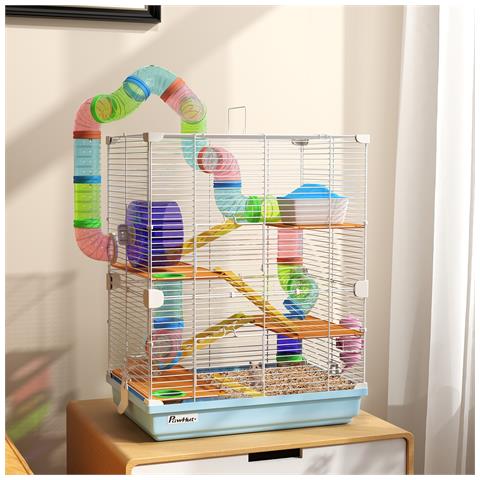 Gabbia per Criceti a 5 Livelli con Tubi, Ruota, Scale, Casetta e Bottiglia, in Metallo, PP e PS, 46x30x58 cm - Foto 2