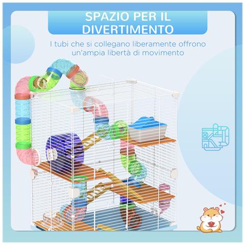 Gabbia per Criceti a 5 Livelli con Tubi, Ruota, Scale, Casetta e Bottiglia, in Metallo, PP e PS, 46x30x58 cm - Foto 6