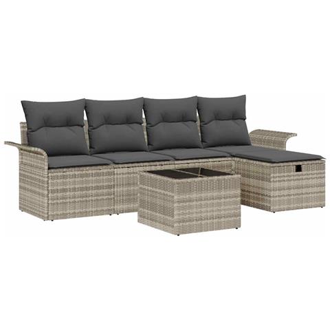 Set di divani da giardino a 6 pezzi con cuscini grigio chiaro in polyrattan - Foto 1