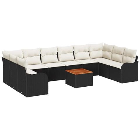 Set Divano da Giardino  da 11 Pezzi con Cuscini Nero Rattan Poliestere Acacia, Divano da Giardino  a 2 Posti con Ripostiglio e Cuscini Nero Rattan Poliestere - Foto 1