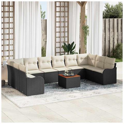 Set Divano da Giardino  da 11 Pezzi con Cuscini Nero Rattan Poliestere Acacia, Divano da Giardino  a 2 Posti con Ripostiglio e Cuscini Nero Rattan Poliestere - Foto 2