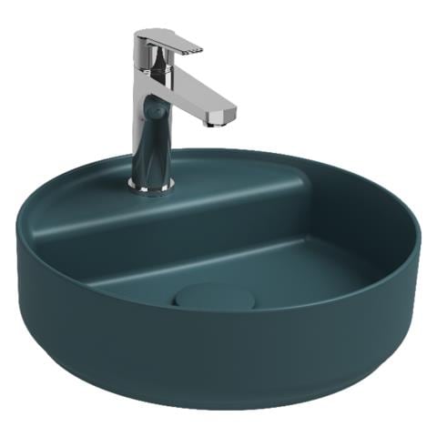 Lavabo Tondo Da Appoggio Senza Troppo Pieno In Ceramica Con Foro Rubinetto -verde Petrolio Opaco - Foto 1