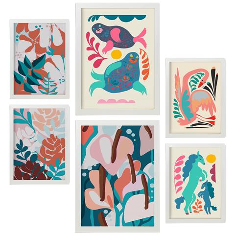 Set Di 6 Stampe Armonia Vivente Negli Animali Astratti Dipinti Decorativi Estetici Per Il Tuo Soggiorno, Camera Da Letto, Casa A3 & A4 Cornice Bianca - Foto 1