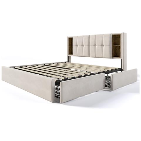 Letto Matrimoniale Con Ricarica Wireless E Cassetti In Velluto Beige - Foto 3