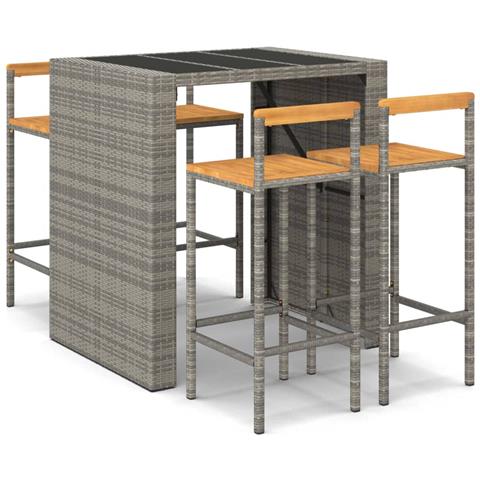 Set Bar Giardino 5pz Grigio Polyrattan e Legno Massello Acacia - Foto 1