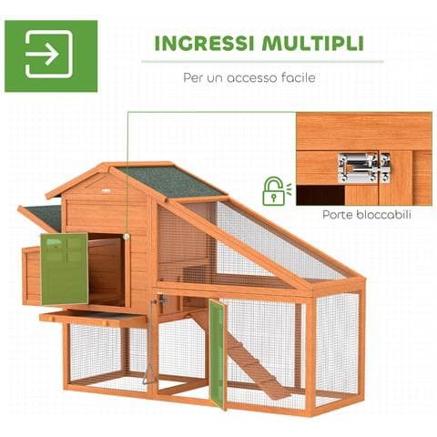Pollaio da Giardino per 1-2 Galline con Area per Cova, Casetta e Spazio Aperto, in Legno e Metallo, 179x67x115 cm - Foto 6