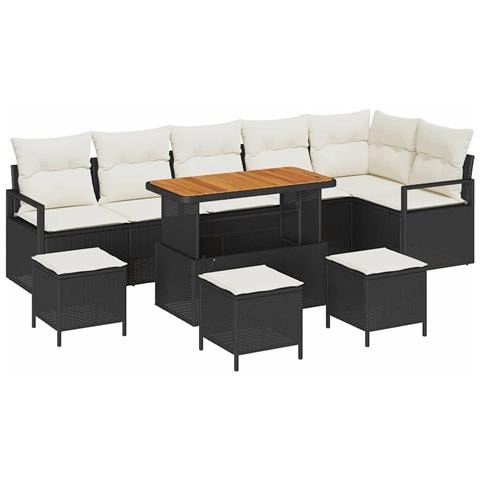 Set di divani giardino 10 pezzi con cuscini neri in polyrattan e acacia, Divano giardino 2 posti con spazio di stoccaggio e cuscini neri in polyrattan, Set dining giardino 4 pezzi con cuscini neri in polyrattan e acacia - Foto 1