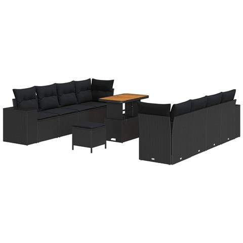Set divano da giardino da 11 pezzi con cuscini in polirattan nero e acacia,  Set da pranzo da giardino da 3 pezzi con cuscini in polirattan nero e acacia - Foto 1