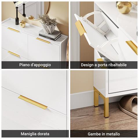 Scarpiera Salvaspazio Con Ante A Ribalta, Bianca, Maniglie Dorate, Design Nordico - Foto 7