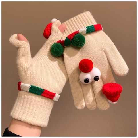 Guanti Caldi Natalizi In Maglia Con Peluche - Guanti Invernali Divertenti Da Donna Con Occhi Grandi Antivento Beige - Foto 1