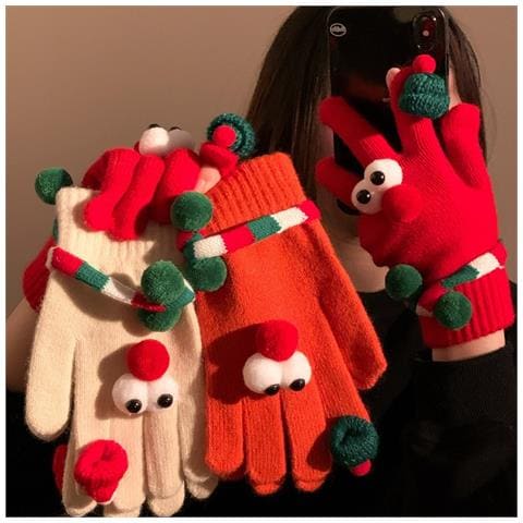 Guanti Caldi Natalizi In Maglia Con Peluche - Guanti Invernali Divertenti Da Donna Con Occhi Grandi Antivento Beige - Foto 2