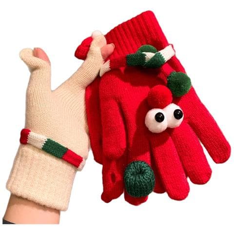 Guanti Caldi Natalizi In Maglia Con Peluche - Guanti Invernali Divertenti Da Donna Con Occhi Grandi Antivento Beige - Foto 3