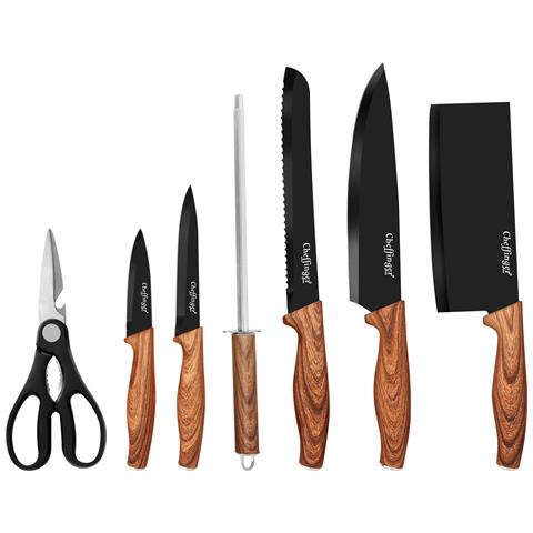 Set Coltelli 7 Pezzi Manico Effetto Legno Con Supporto, Nero - Foto 1