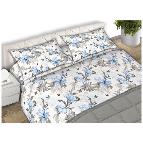 Completo Lenzuola Matrimoniale 100% Cotone Made Italy Disegno Leaves Cn Matrimoniale Azzurro - Foto 1