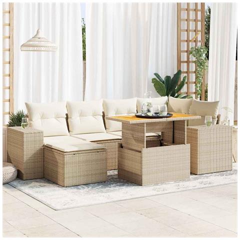 Set Divani Da Giardino 7 Pz Con Cuscini Beige In Polyrattan - Foto 1