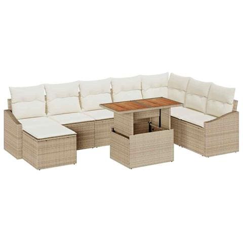 Set da pranzo da giardino da 9 pezzi con cuscini Beige Poly Rattan Acacia - Foto 1