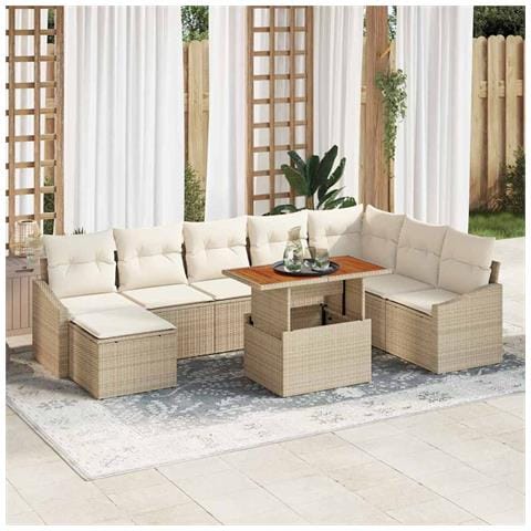 Set da pranzo da giardino da 9 pezzi con cuscini Beige Poly Rattan Acacia - Foto 2