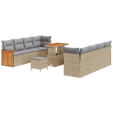 Set di divani giardino 11 pezzi con cuscini beige polirattan acacia,  Set di dining giardino 3 pezzi con cuscini beige polirattan acacia - Foto 1