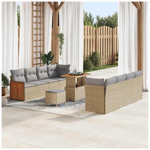 Set di divani giardino 11 pezzi con cuscini beige polirattan acacia,  Set di dining giardino 3 pezzi con cuscini beige polirattan acacia - Foto 2