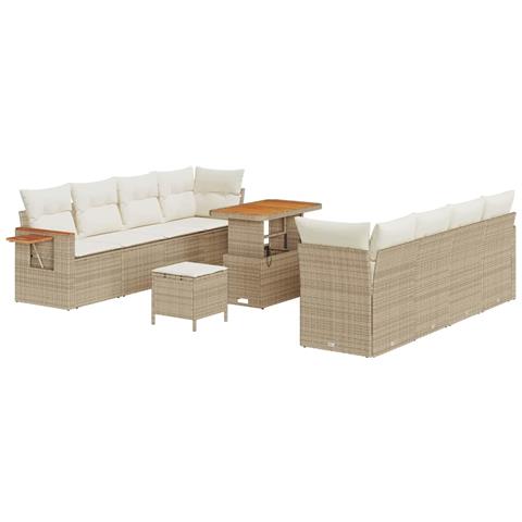 Set divani giardino  11 pezzi con cuscini beige in rattan poly Acacia, Set pranzo giardino  3 pezzi con cuscini beige in rattan poly Acacia - Foto 1