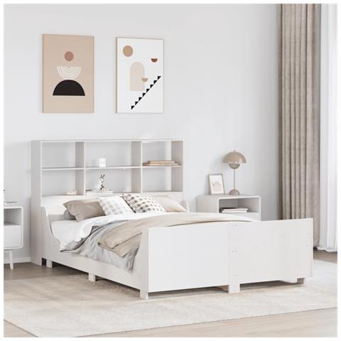 Letto Libreria senza Materasso Bianco 140x200 cm Legno Massello - Foto 2