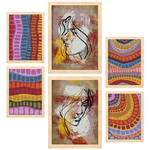 Set Di 6 Stampe Razzle Dazzle In Dipinti Decorativi Estetici Astratti Femminili Per Il Tuo Soggiorno Di Casa A3 & A4 Telaio In Legno Chiaro - Foto 1